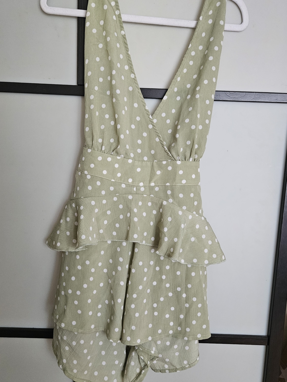Polka Dot Sage Green Ruffle V-Neck Romper
